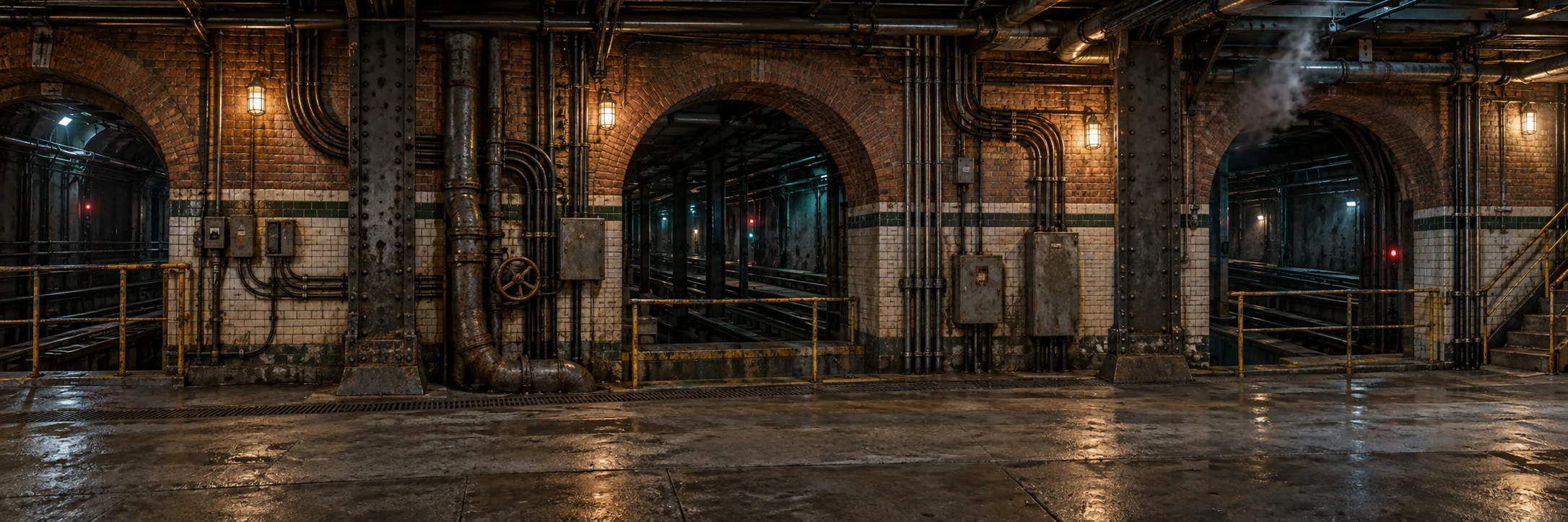 The game's New York tunnel environment, with brick arches, steel supports, pipes, and warm utility lights